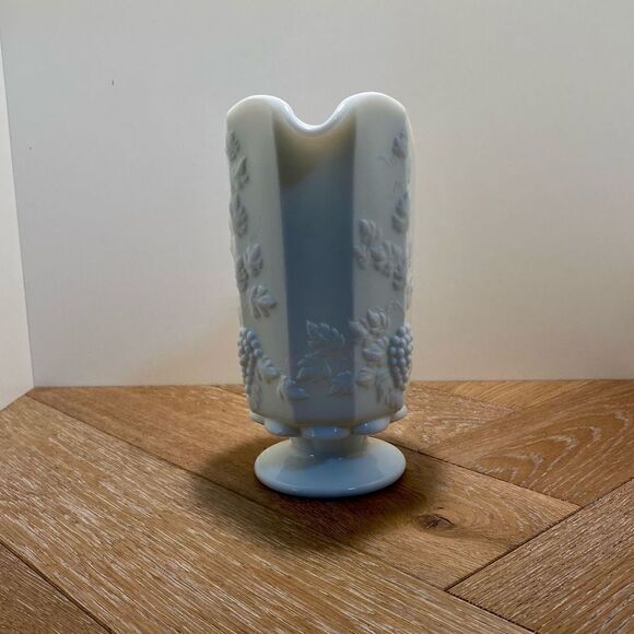 Vintage Pedestal Milk Glass Handled Pitcher 9” Tall Grapes & Leaves - Picture 7 of 11